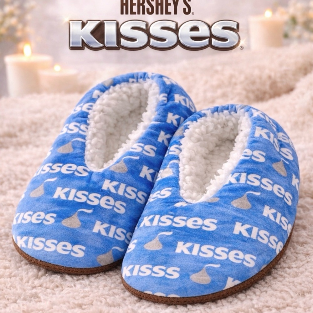 Hershey’s Kisses Plush Slippers Blue Fleece Non Slip Size 5-9.5 NWT (A2)